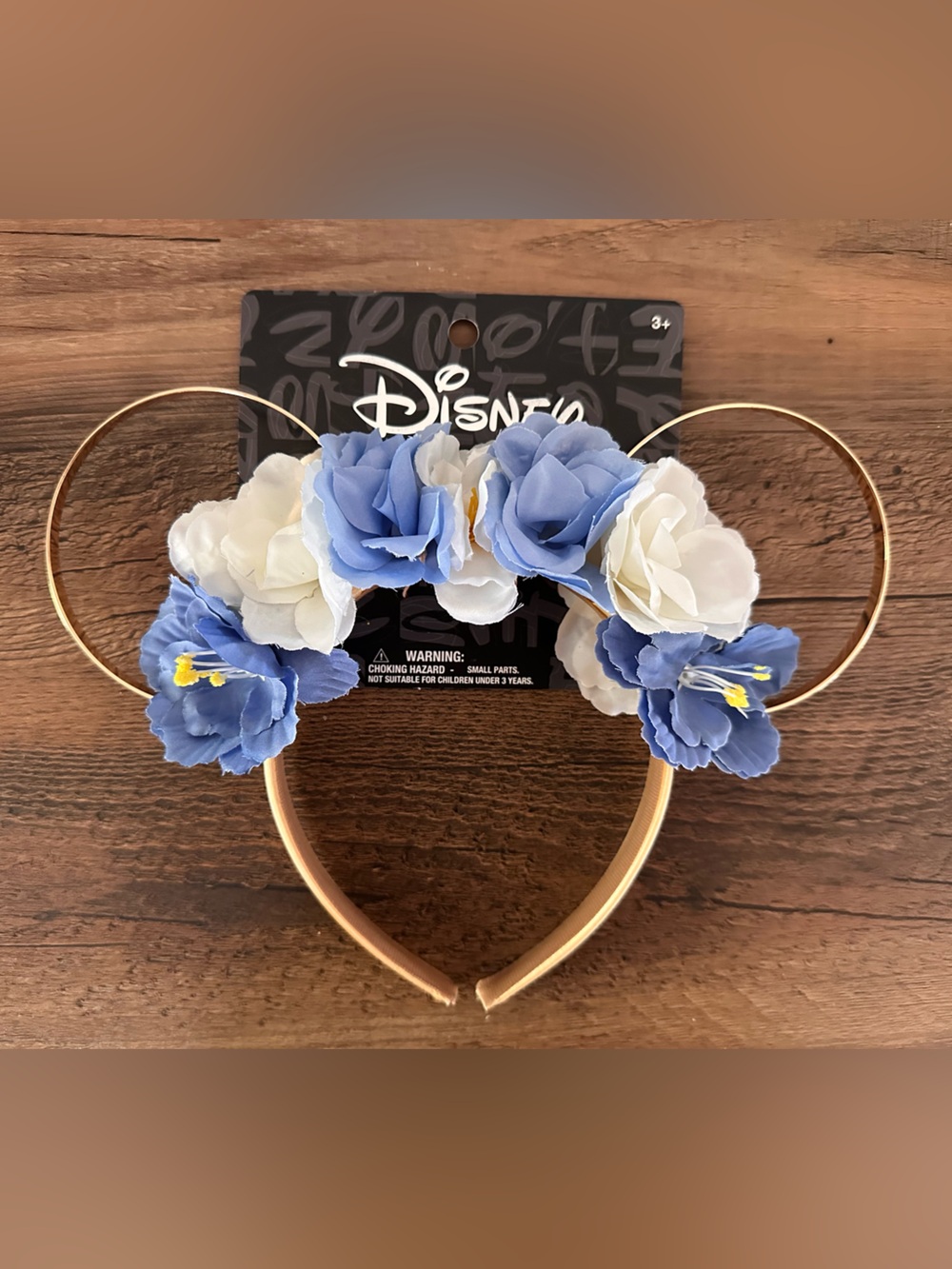 Disney Gold Minnie Ear Headband with Blue and White Flowers